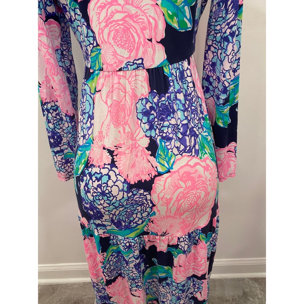 Lilly Pulitzer Martinique Tiered Maxi Dress Womens MED Navy Blue Floral Resort - Picture 5 of 16